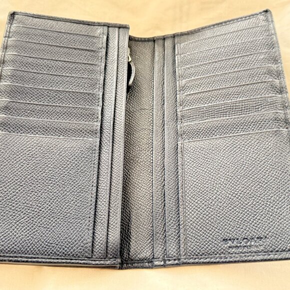 $899 Authentic BVLGARI Made in ITALY Unisex Navy Blue Leather Bifold Long Wallet - Picture 5 of 12